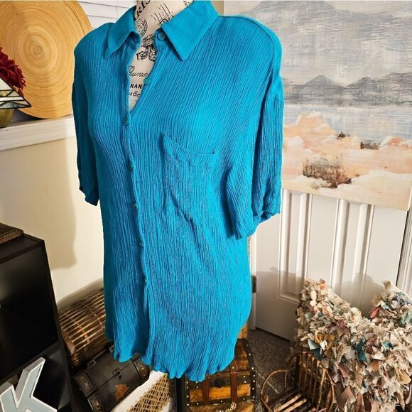 Vtg Melrose Rayon Blend Teal Ribbed Button Front Casual Blouse. - Picture 13 of 13